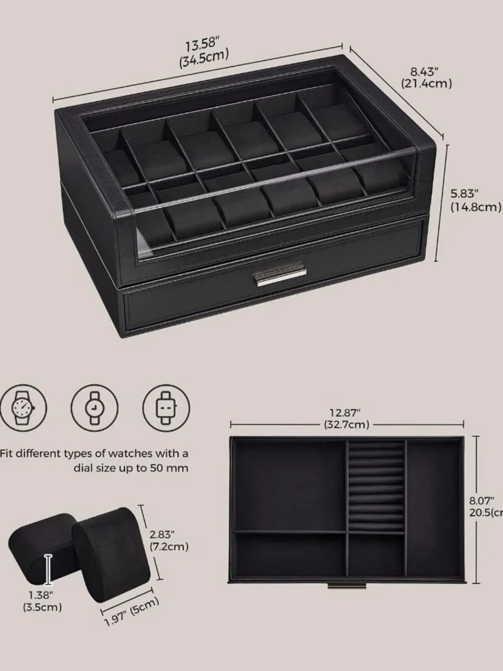 12-Slot Men's Watch Display Box - Elegant Black Storage Organizer for Watches